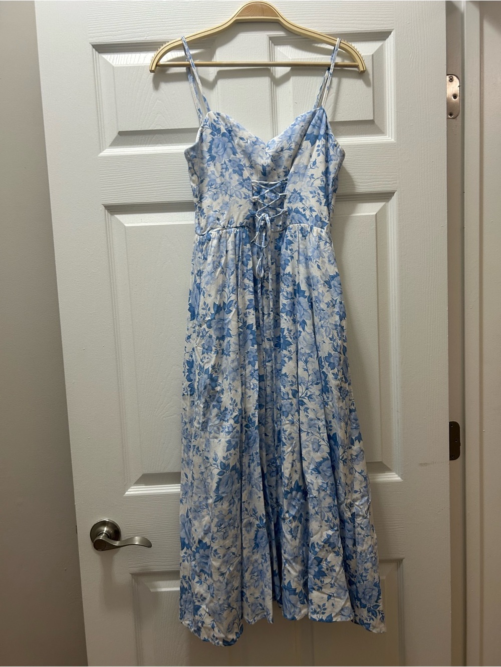 Altar’d State Jodee Midi Dress Blue Floral Lace-Up A-Line Summer Picnic